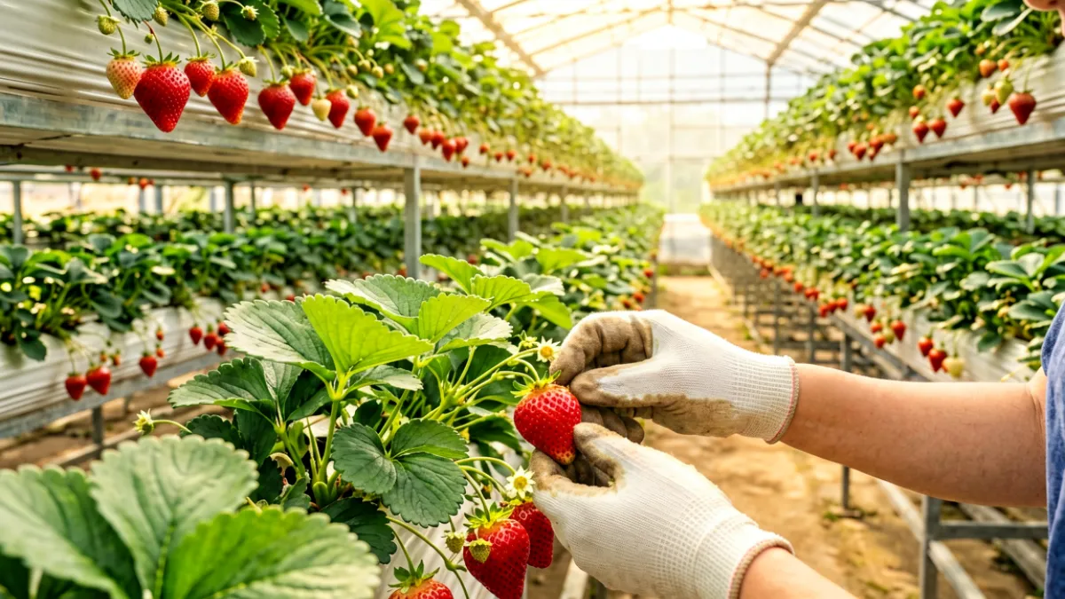 草莓种植田园场景：一排排草莓植株在温室大棚中生长，绿叶丛中点缀着鲜红果实，阳光透过棚顶洒下，呈现生机勃勃的农业生产画面
