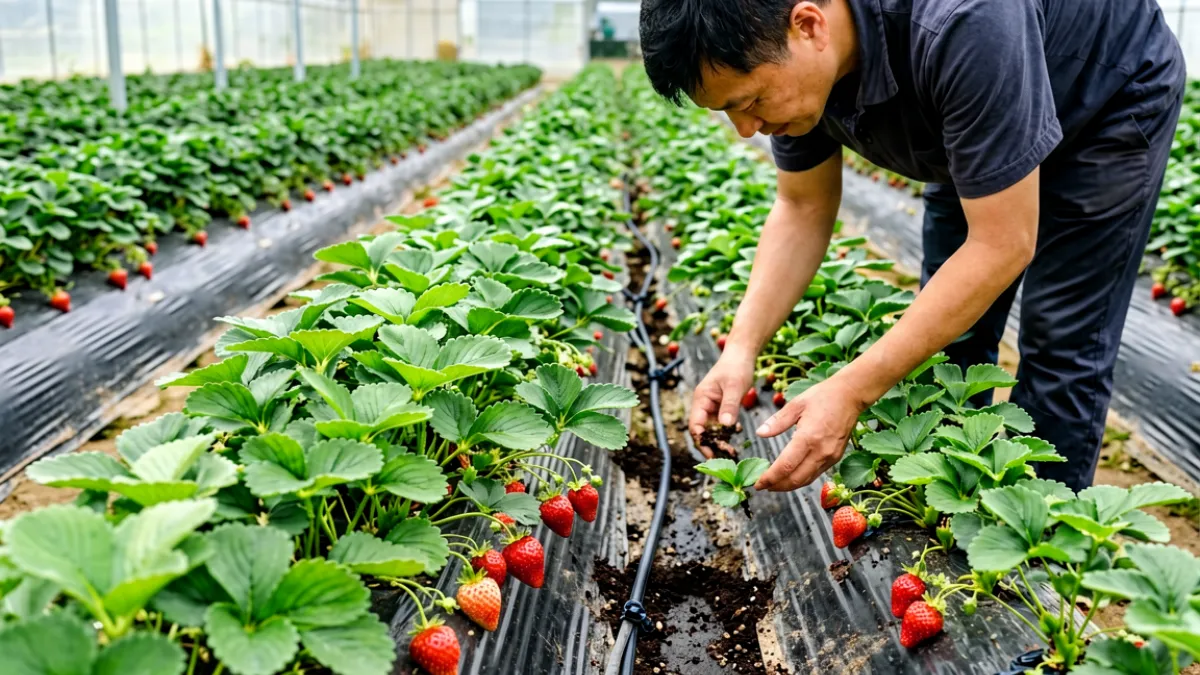温室大棚内草莓苗期生长场景，绿意盎然的草莓植株排列整齐，种植者正在检查幼苗根系发育情况