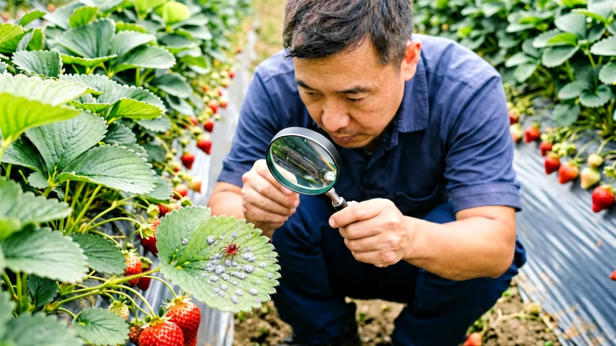 草莓苗株叶背有红蜘蛛危害症状，叶片出现灰白斑点，农户正在用放大镜仔细检查叶片正反面以确认虫害类型