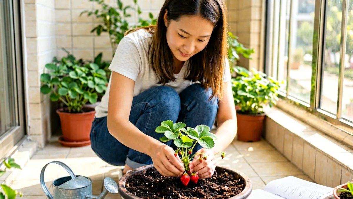 一位新手花友在朝南阳台上亲手将草莓苗栽入装满疏松土壤的种植盆，盆边还放着喷壶和施肥记录本