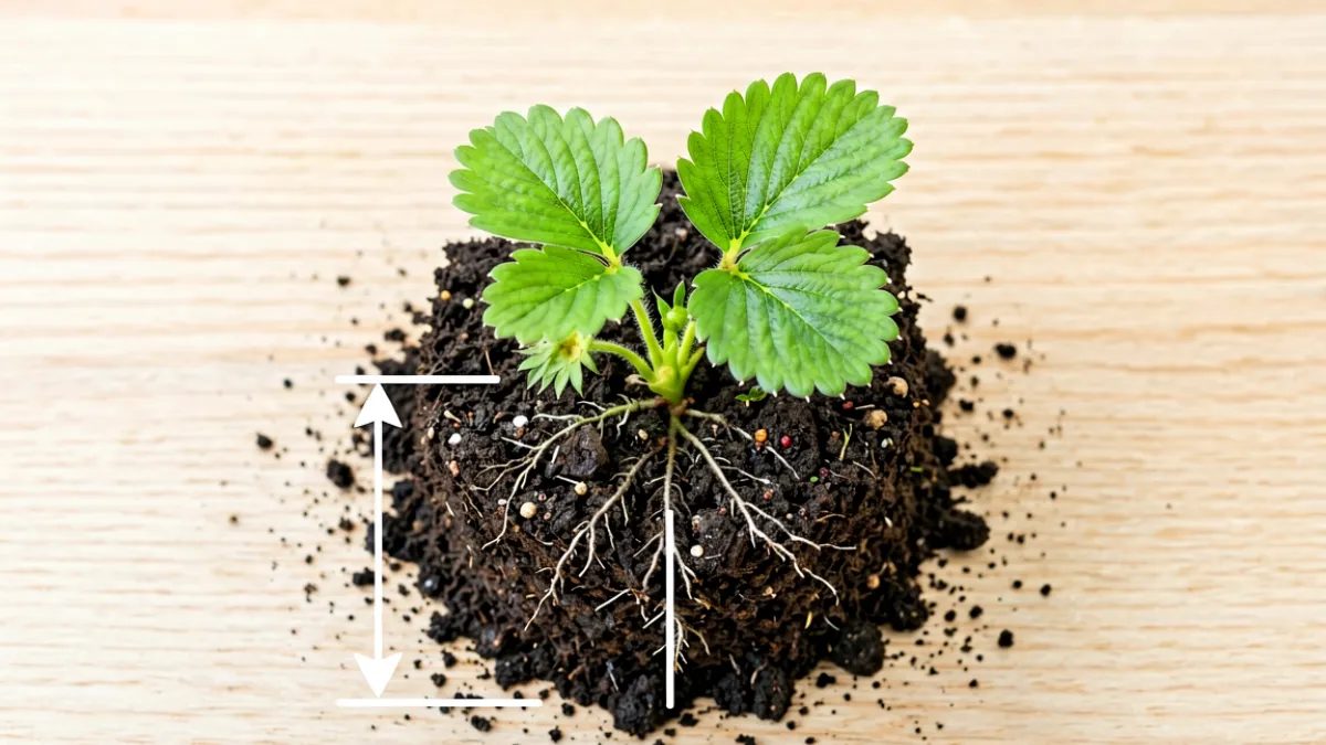 特写镜头展示正确的草莓种植深度：土壤刚好覆盖根系但心叶完全露出土面，旁边标注了浅不露根深不埋心的文字说明